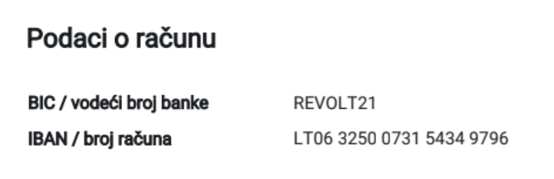 Podaci o računu — BIC REVOLT21, IBAN LT06 3250 0731 5434 9796